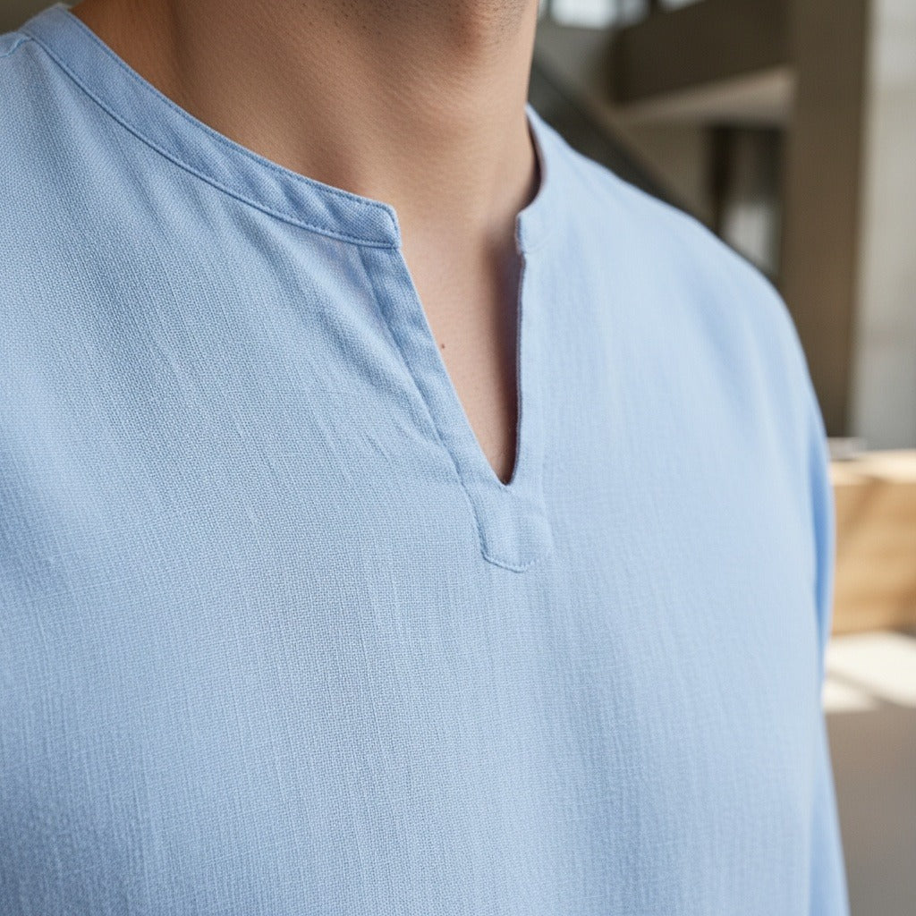 Linen V Neck T Shirt - Sky Blue - Back View