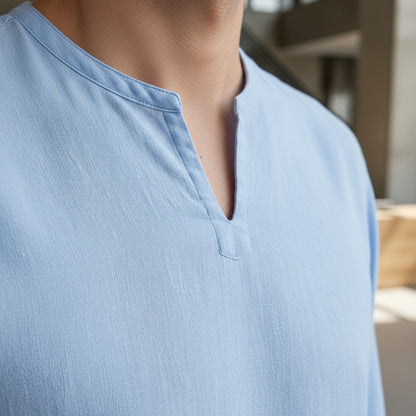 Linen V Neck T Shirt - Sky Blue - Back View