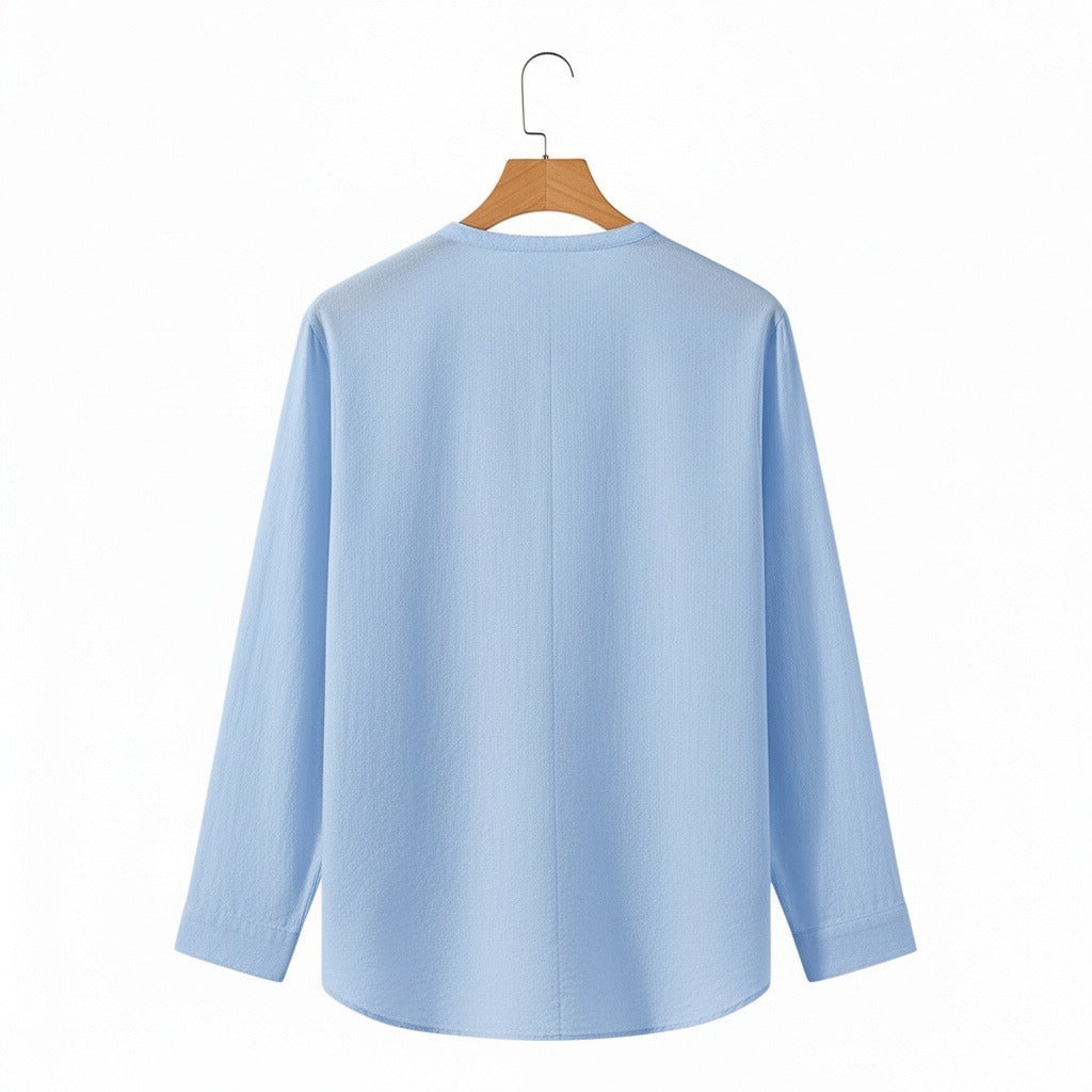 Linen V Neck T Shirt - Sky Blue - Fabric Detail