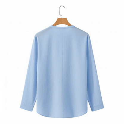 Linen V Neck T Shirt - Sky Blue - Fabric Detail