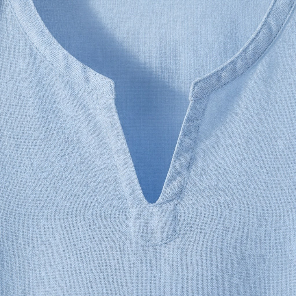 Linen V Neck T Shirt - Sky Blue - Texture Close Up