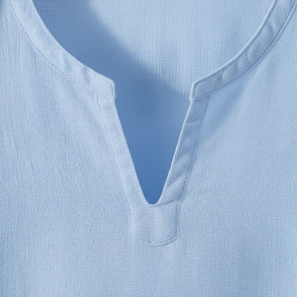 Linen V Neck T Shirt - Sky Blue - Texture Close Up