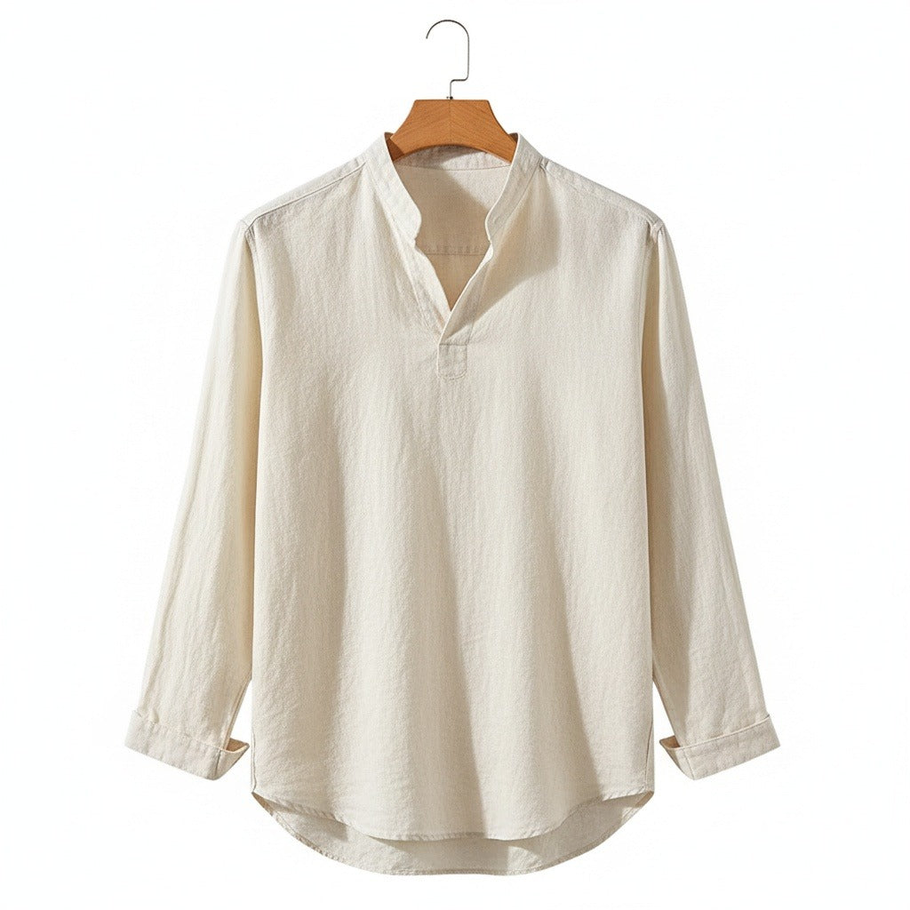 Linen V Neck T Shirt - Off-White - Front View