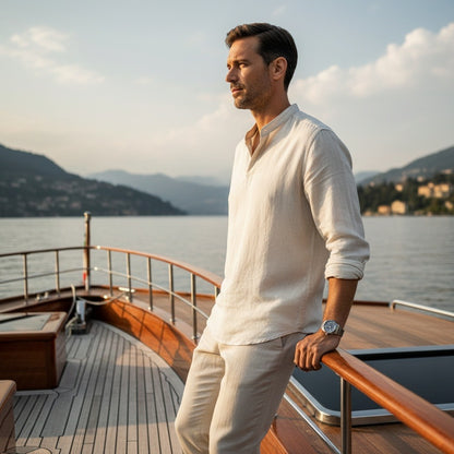 Linen V Neck T Shirt - Off-White - Angled Shot