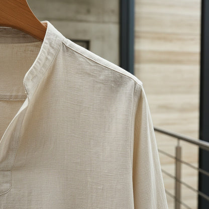 Linen V Neck T Shirt - Off-White - Back View