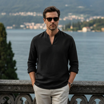 Linen V Neck T Shirt - Black - Angled Shot