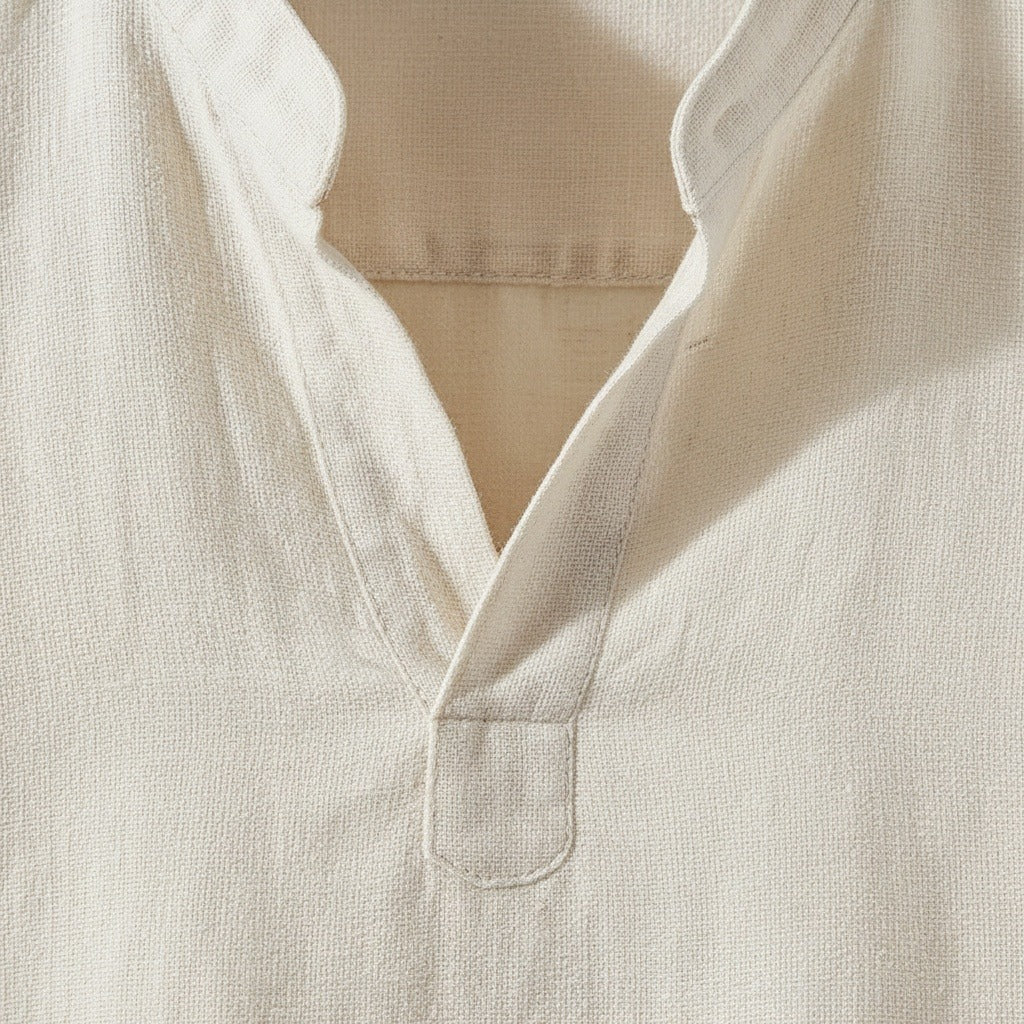 Linen V Neck T Shirt - Off-White - Texture Close Up