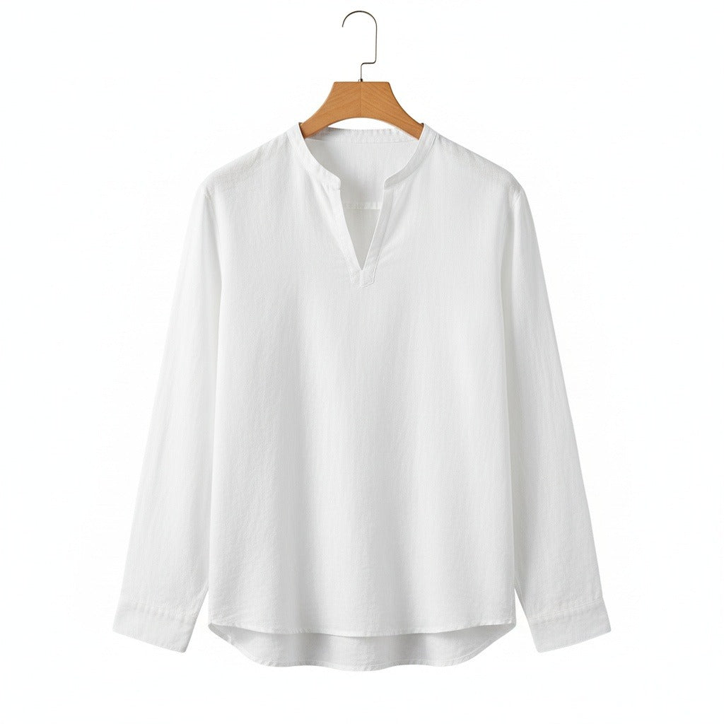 Linen V Neck T Shirt - Snow White - Front View