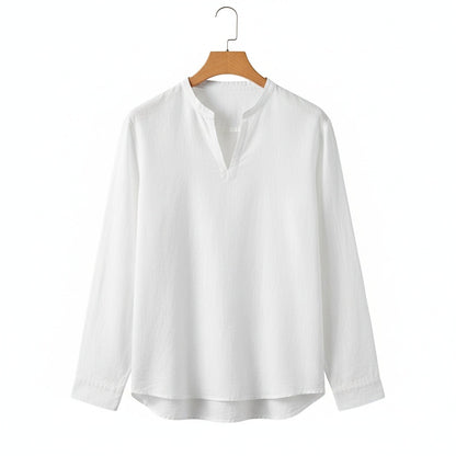 Linen V Neck T Shirt - Snow White - Front View