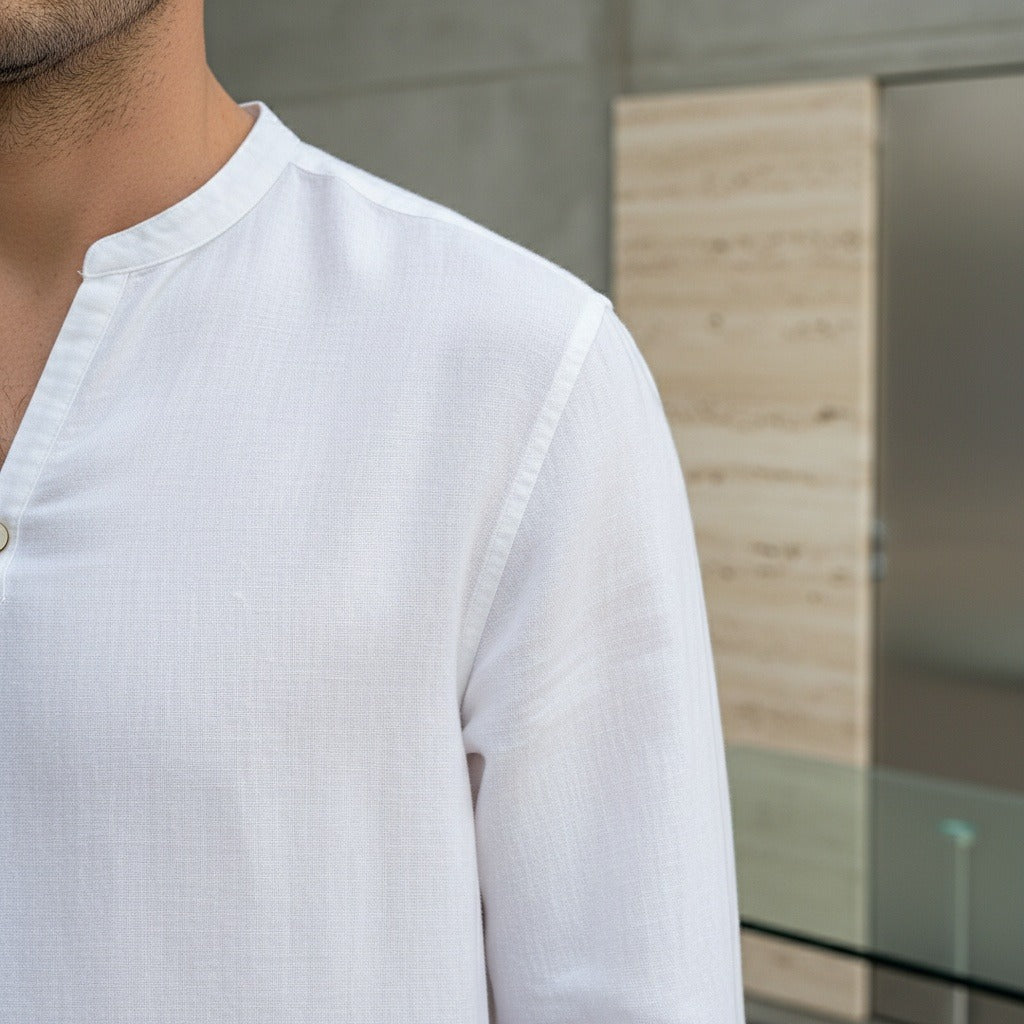 Linen V Neck T Shirt - Snow White - Back View