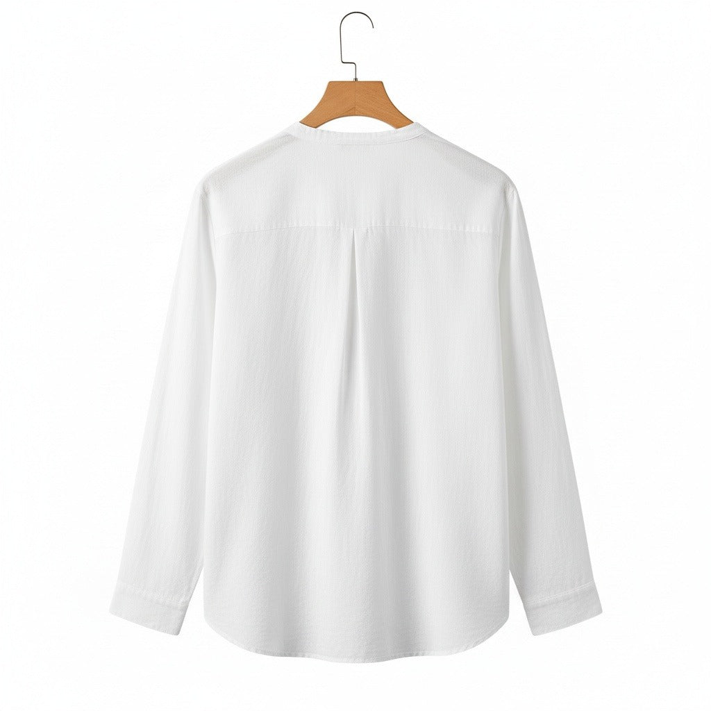 Linen V Neck T Shirt - Snow White - Fabric Detail