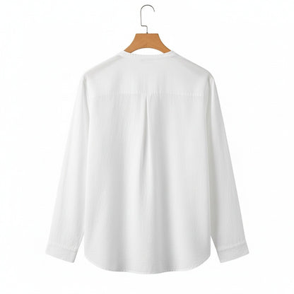 Linen V Neck T Shirt - Snow White - Fabric Detail