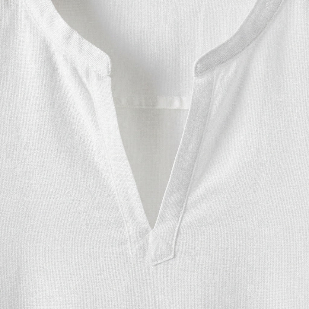 Linen V Neck T Shirt - Snow White - Texture Close Up