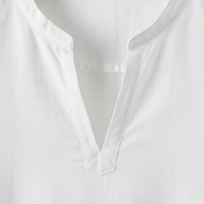 Linen V Neck T Shirt - Snow White - Texture Close Up