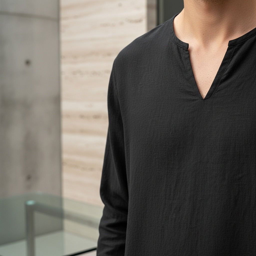 Linen V Neck T Shirt - Black - Back View