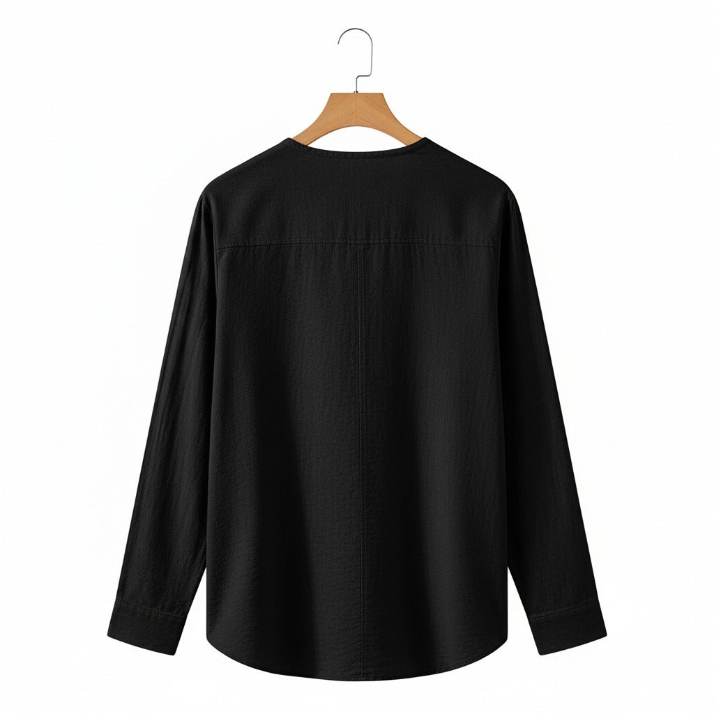 Linen V Neck T Shirt - Black - Fabric Detail
