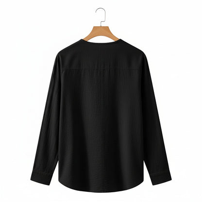 Linen V Neck T Shirt - Black - Fabric Detail