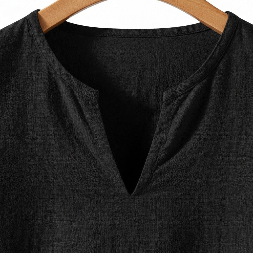 Linen V Neck T Shirt - Black - Texture Close Up