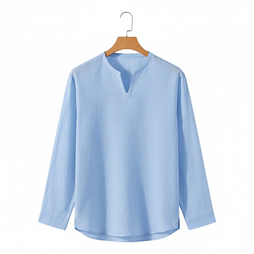Linen V Neck T Shirt - Sky Blue - Front View