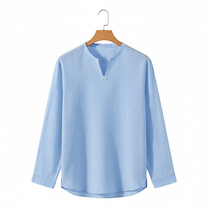 Linen V Neck T Shirt - Sky Blue - Front View