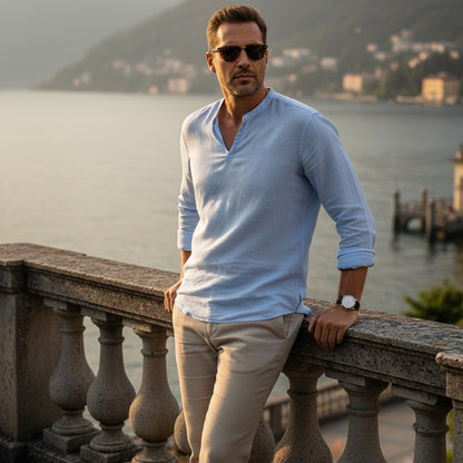 Linen V Neck T Shirt - Sky Blue - Angled Shot