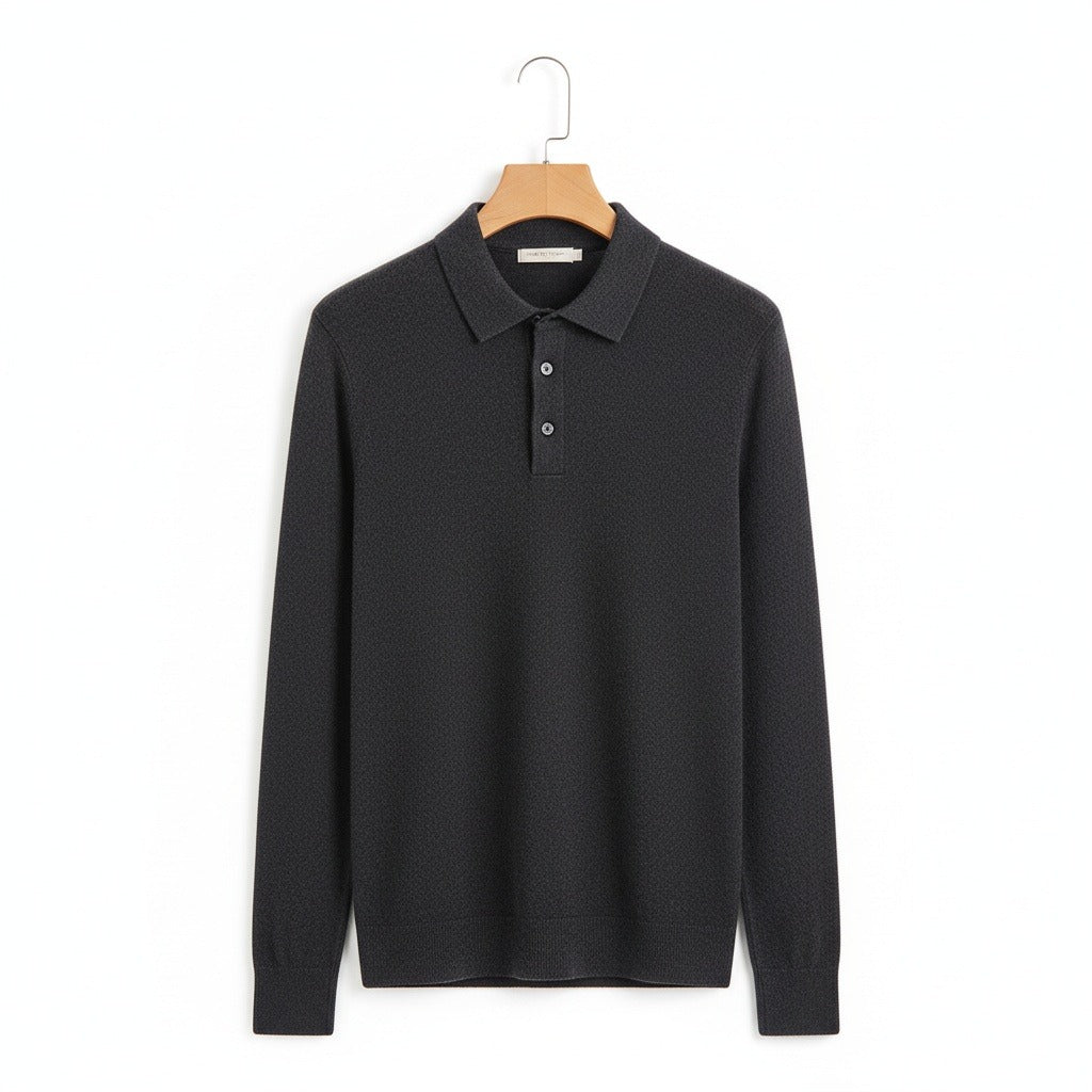 Long Sleeve Cashmere Polo Shirt - Charcoal Gray - Front View