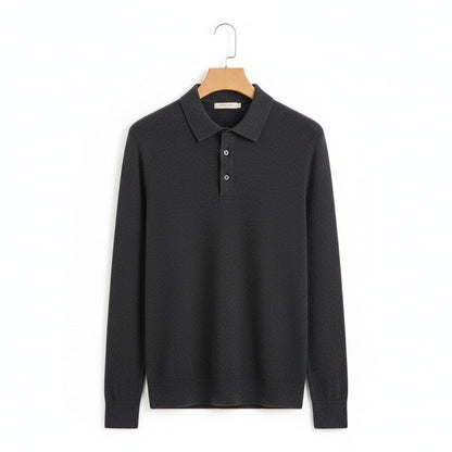 Long Sleeve Cashmere Polo Shirt - Charcoal Gray - Front View