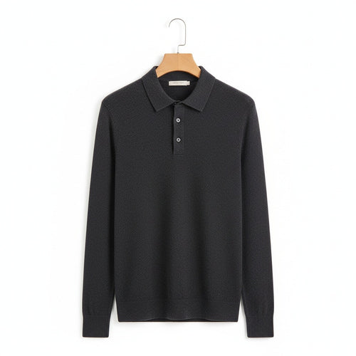Long Sleeve Cashmere Polo Shirt - Charcoal Gray - Front View