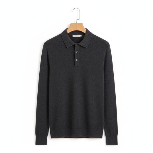 Long Sleeve Cashmere Polo Shirt - Charcoal Gray - Front View