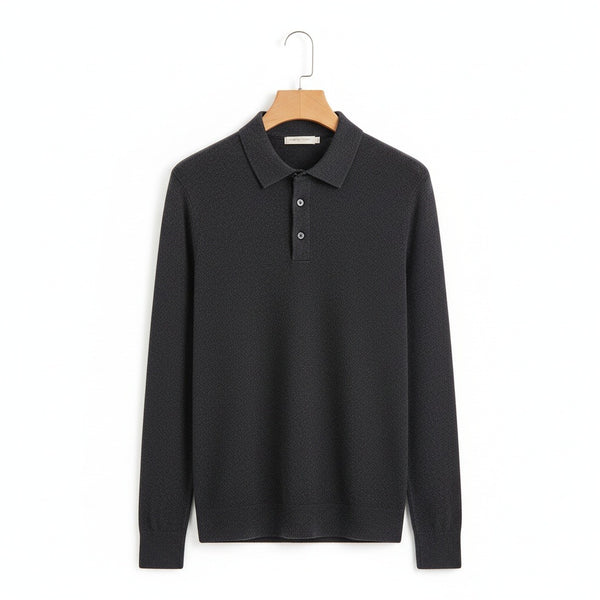 Long Sleeve Cashmere Polo Shirt - Charcoal Gray - Front View