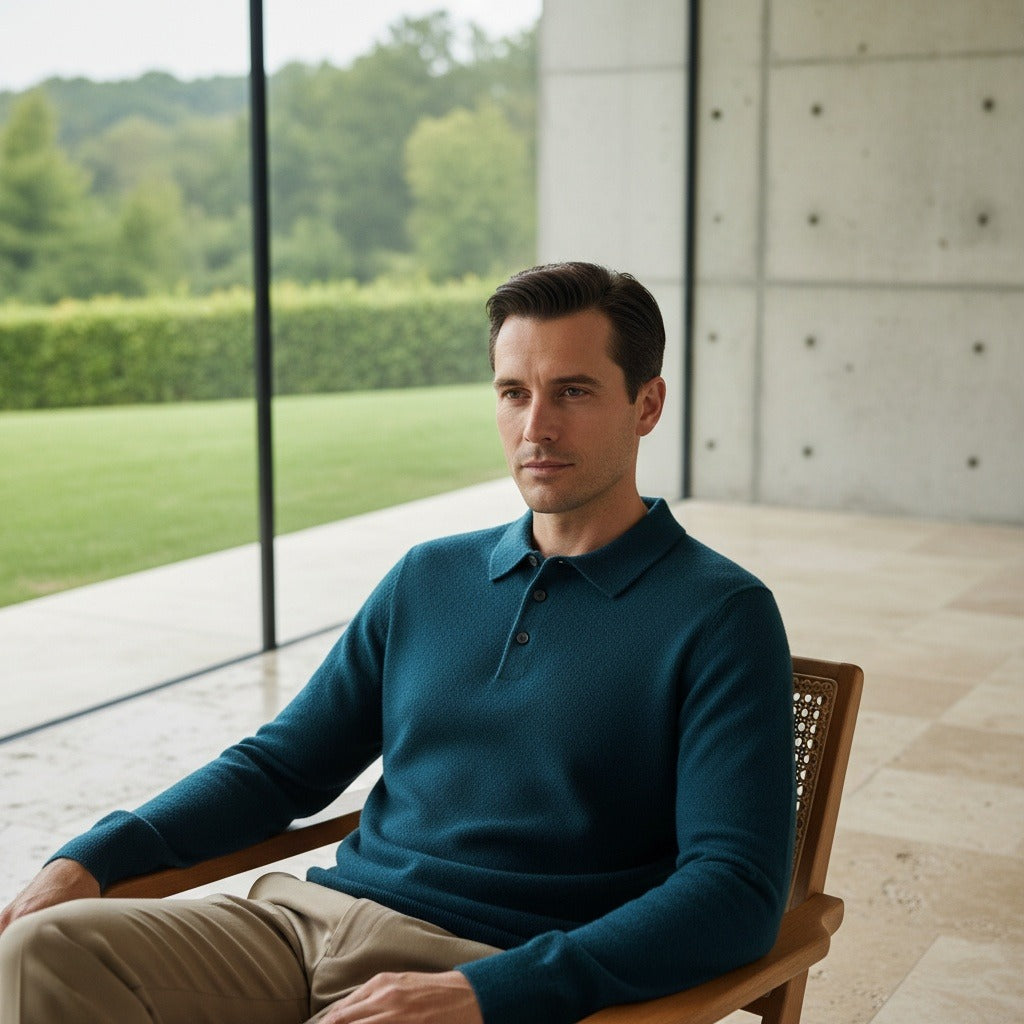Long Sleeve Cashmere Polo Shirt - Deep Teal - Side Profile