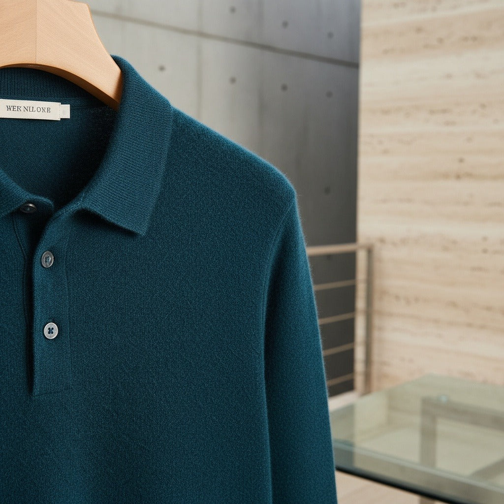 Long Sleeve Cashmere Polo Shirt - Deep Teal - Back View