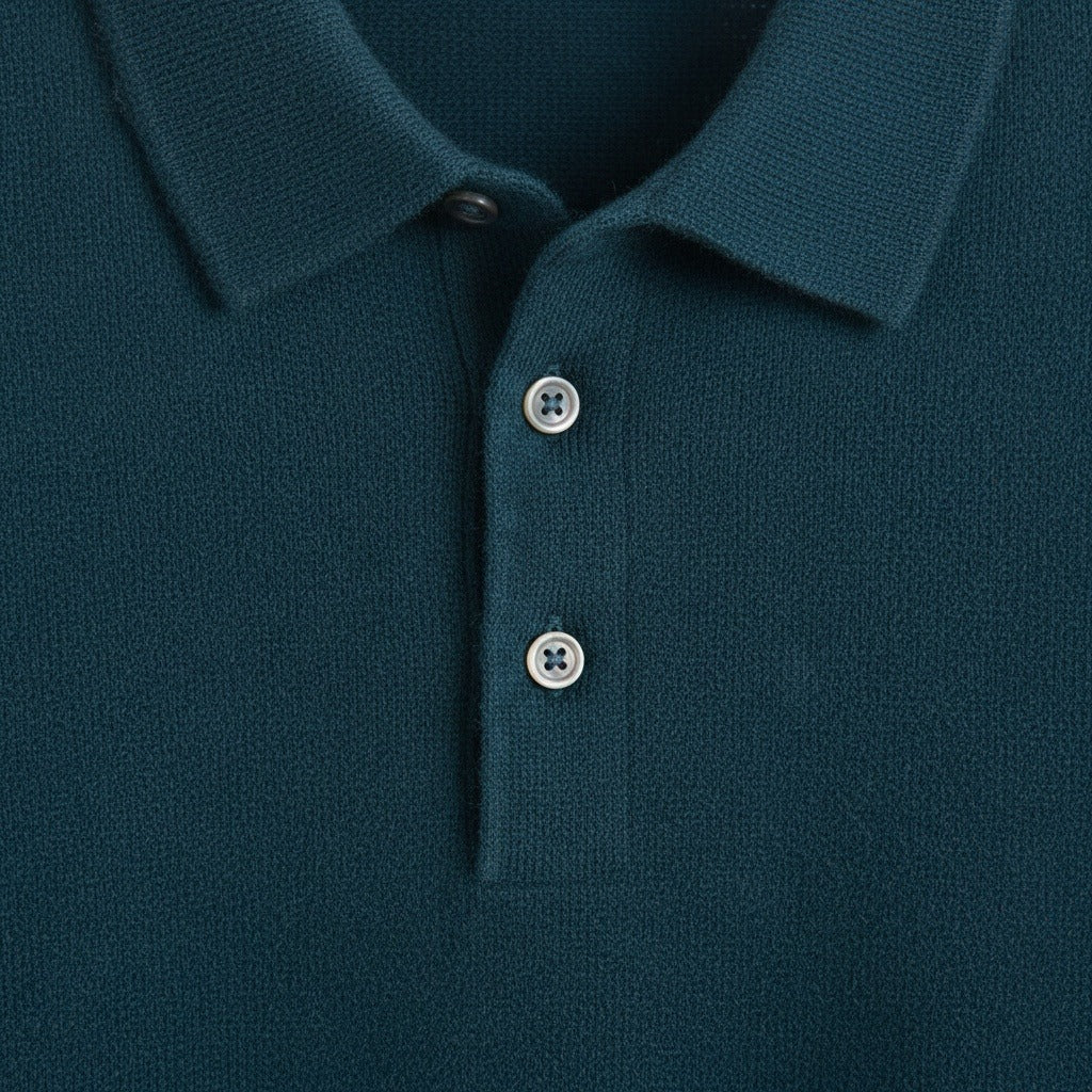 Long Sleeve Cashmere Polo Shirt - Deep Teal - Texture Close Up