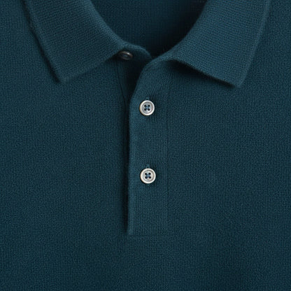 Long Sleeve Cashmere Polo Shirt - Deep Teal - Texture Close Up