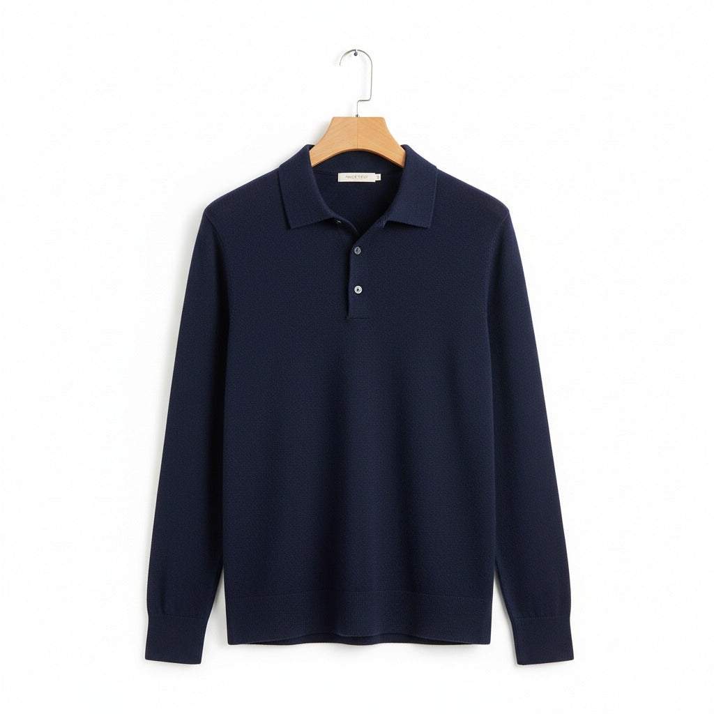 Long Sleeve Cashmere Polo Shirt - Navy Blue - Front View