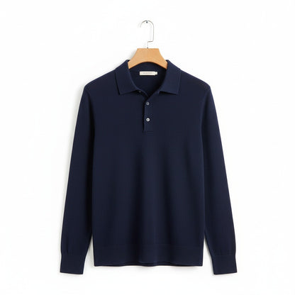 Long Sleeve Cashmere Polo Shirt - Navy Blue - Front View