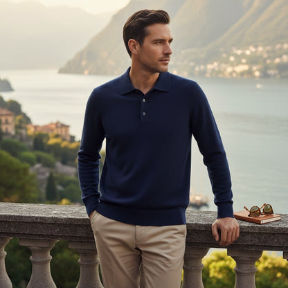Long Sleeve Cashmere Polo Shirt - Navy Blue - Angled Shot