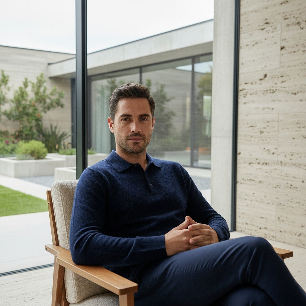 Long Sleeve Cashmere Polo Shirt - Navy Blue - Side Profile