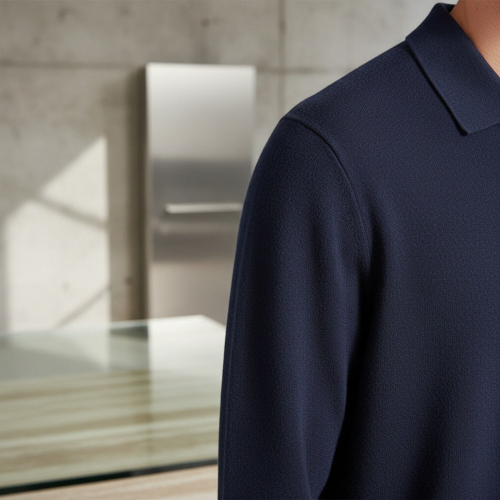 Long Sleeve Cashmere Polo Shirt - Navy Blue - Back View