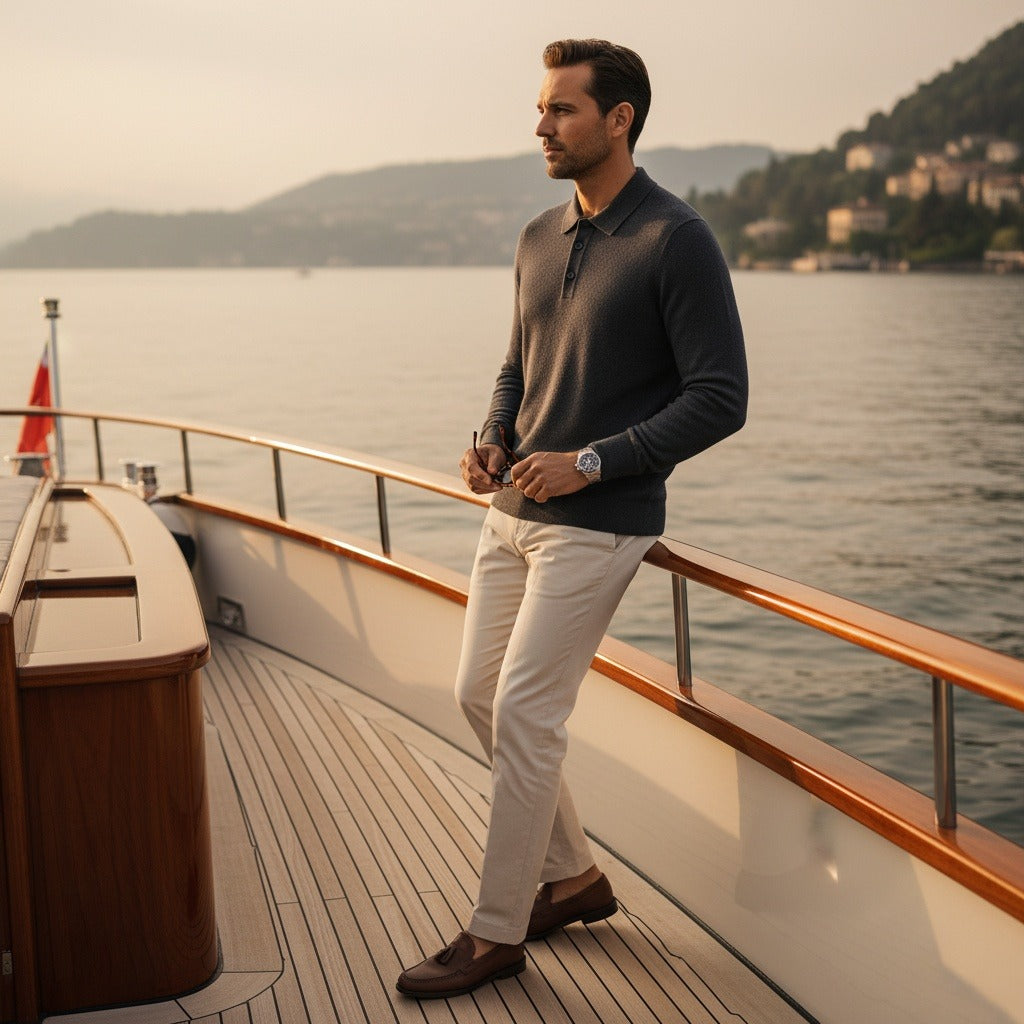 Long Sleeve Cashmere Polo Shirt - Charcoal Gray - Angled Shot