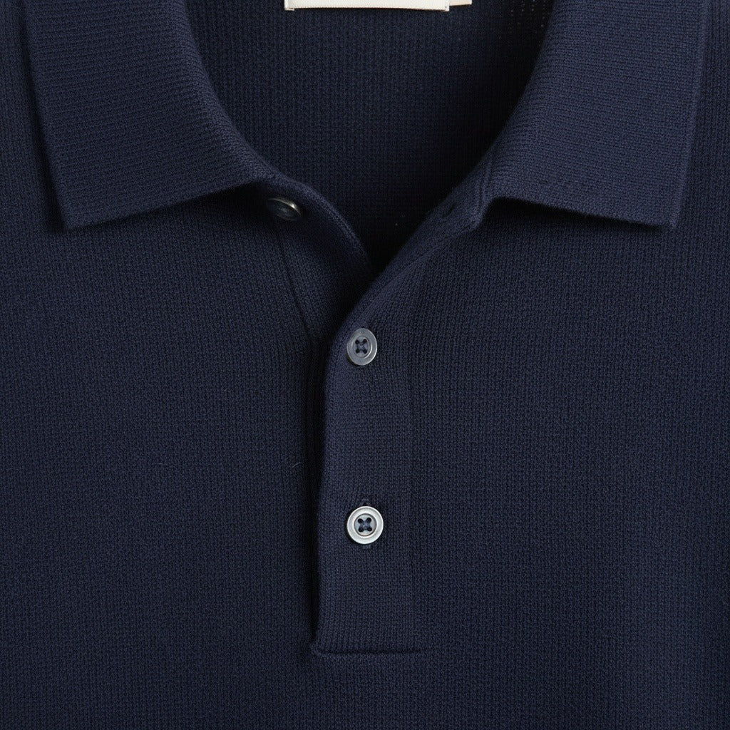 Long Sleeve Cashmere Polo Shirt - Navy Blue - Texture Close Up