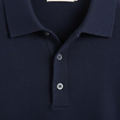 Long Sleeve Cashmere Polo Shirt - Navy Blue - Texture Close Up