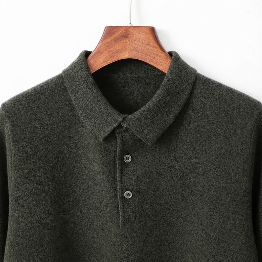 Long Sleeve Cashmere Polo Shirt - Forest Green - Front View