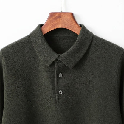 Long Sleeve Cashmere Polo Shirt - Forest Green - Front View