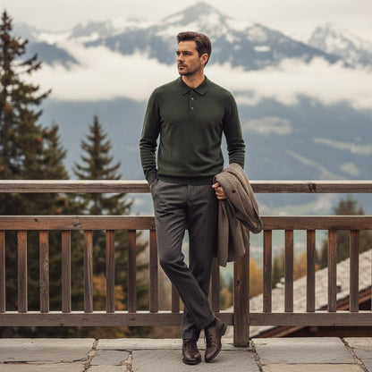 Long Sleeve Cashmere Polo Shirt - Forest Green - Angled Shot