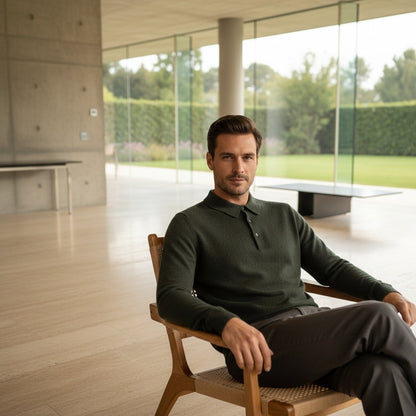Long Sleeve Cashmere Polo Shirt - Forest Green - Side Profile