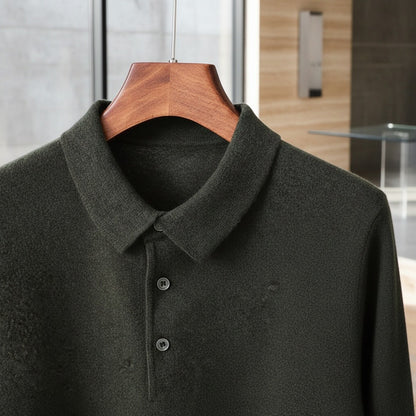 Long Sleeve Cashmere Polo Shirt - Forest Green - Back View