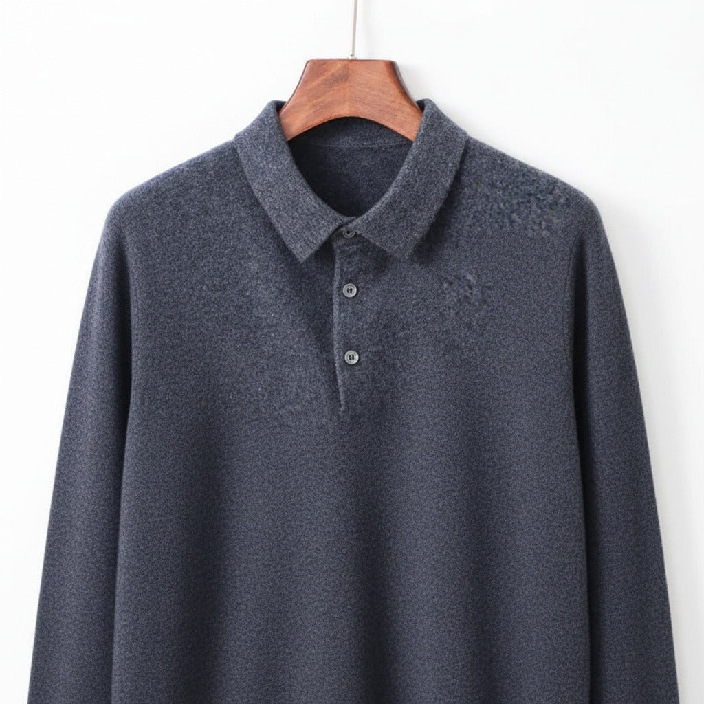 Long Sleeve Cashmere Polo Shirt - Slate Blue - Front View
