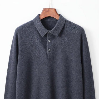 Long Sleeve Cashmere Polo Shirt - Slate Blue - Front View