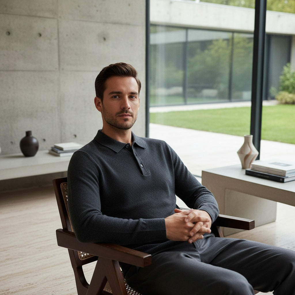 Long Sleeve Cashmere Polo Shirt - Charcoal Gray - Side Profile